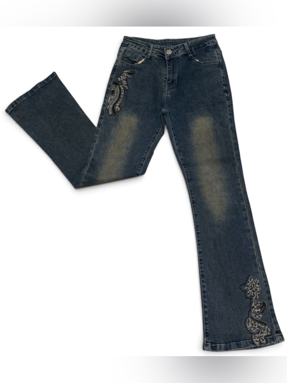 Y2K Distressed Embroidered Flare Jeans
